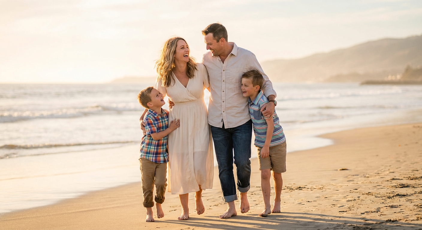 Happy American family walking together on a beach at golden hour